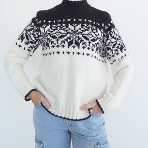 Vintage St Johns Bay Black White Nordic Snowflake Turtleneck Knit Sweater L